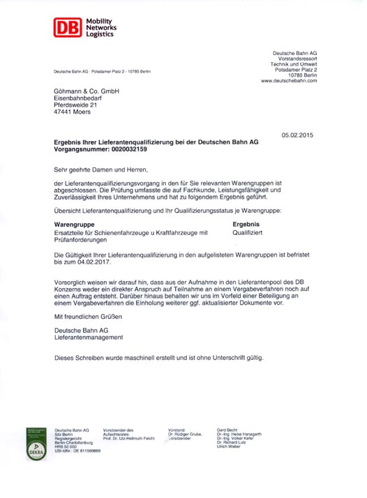 Selección de proveedores DB (Ferrocarril Alemán) - Piezas de recambio para vehículos ferroviarios