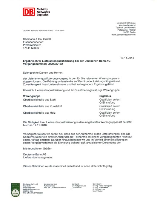 Qualification de fournisseur de la DB – Matériels de voie